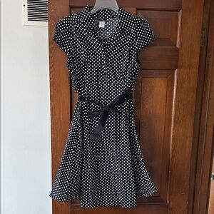 Black Polka Dot Fit-and-Flare Dress with Tie Waist